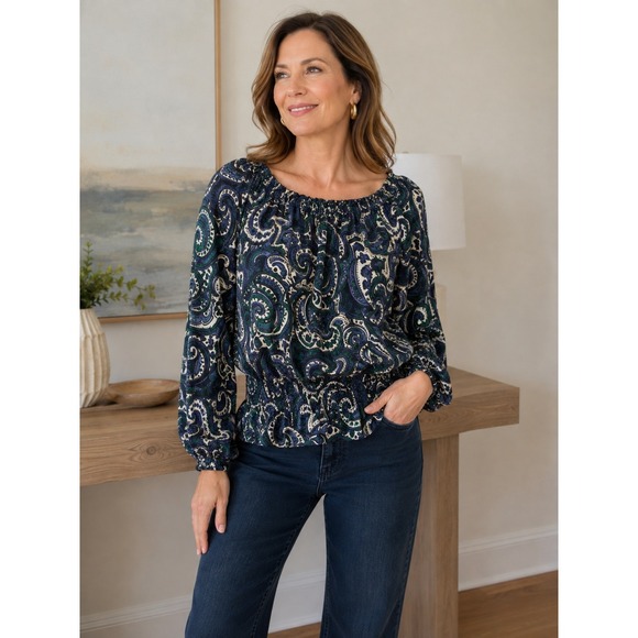 Michael Kors Tops - Michael Kors Blouse Medium Blue Green Paisley Smocked Off Shoulder Boho Top